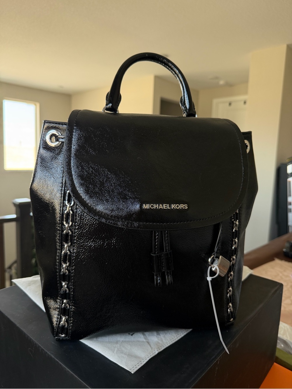 NWT Michael Kors Black Patent Leather Backpack Handbag